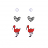 Mini flamingó fülbevaló szett, ezüst-piros